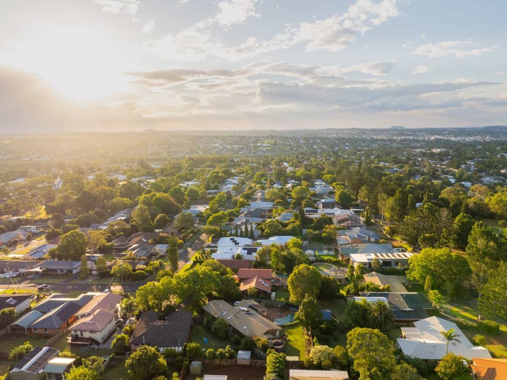 Scenic aerial view of Toowoomba residential areas near Picnic Point park, Queensland, Australia